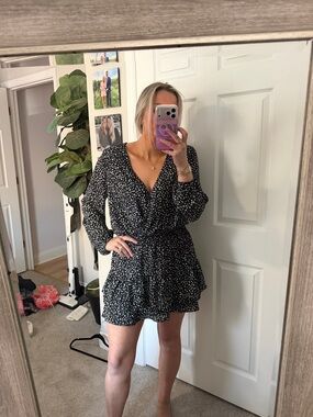 Abbeline Black Mini Dress with White Spot Print